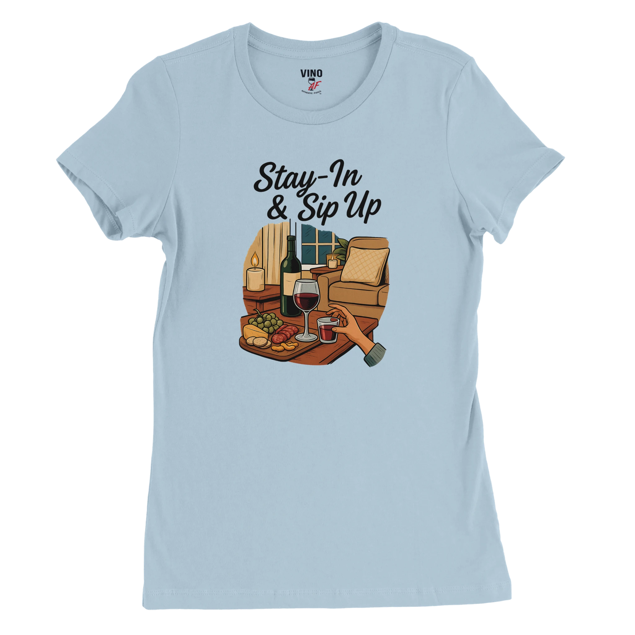 Cozy wine night tee for women who snack, sip, and skip the drama. Comfy vibes, bougie energy.