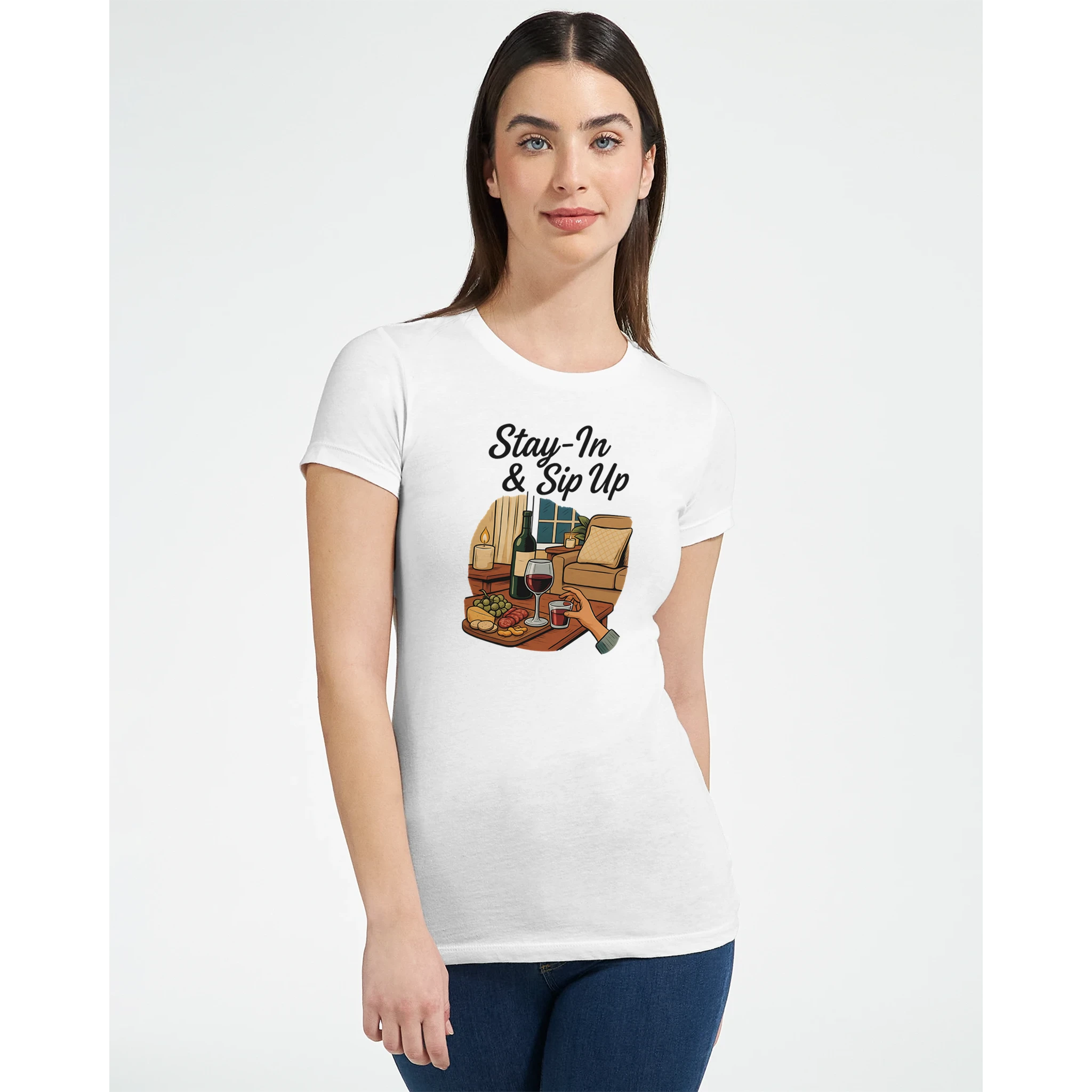 Cozy wine night tee for women who snack, sip, and skip the drama. Comfy vibes, bougie energy.