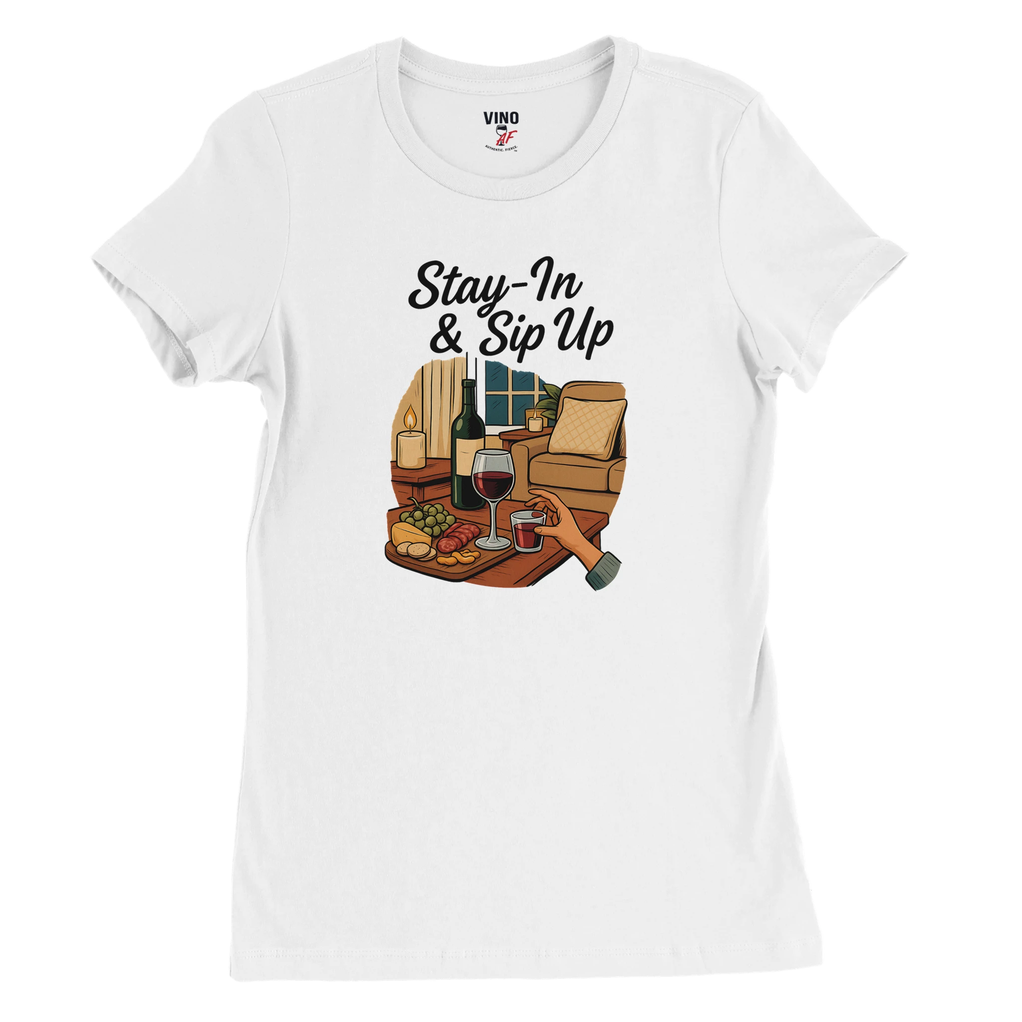 Cozy wine night tee for women who snack, sip, and skip the drama. Comfy vibes, bougie energy.
